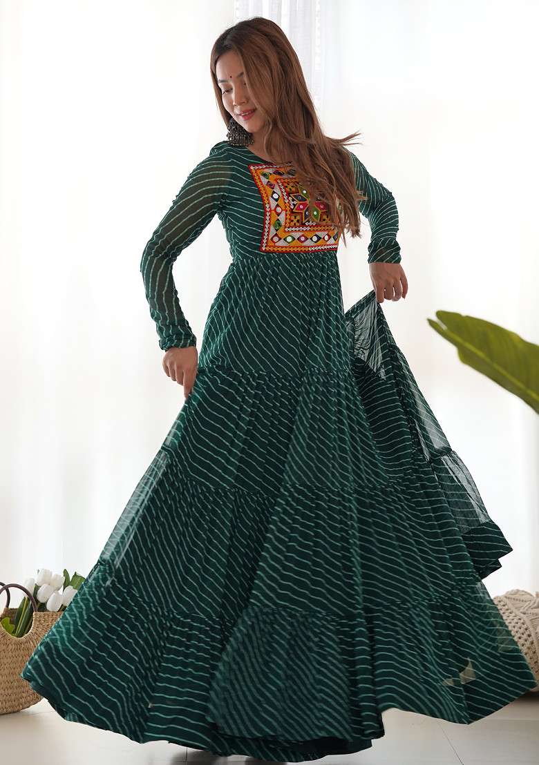 Green Printed Faux Georgette Gown - Indya