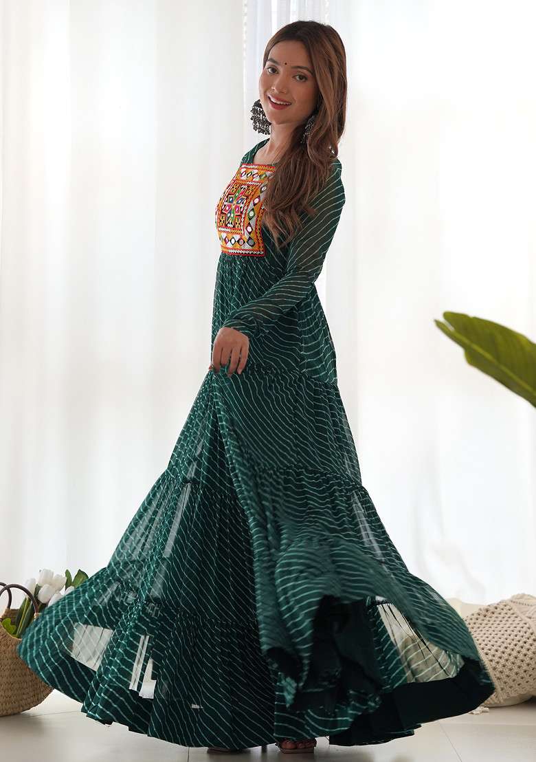 Green Printed Faux Georgette Gown - Indya
