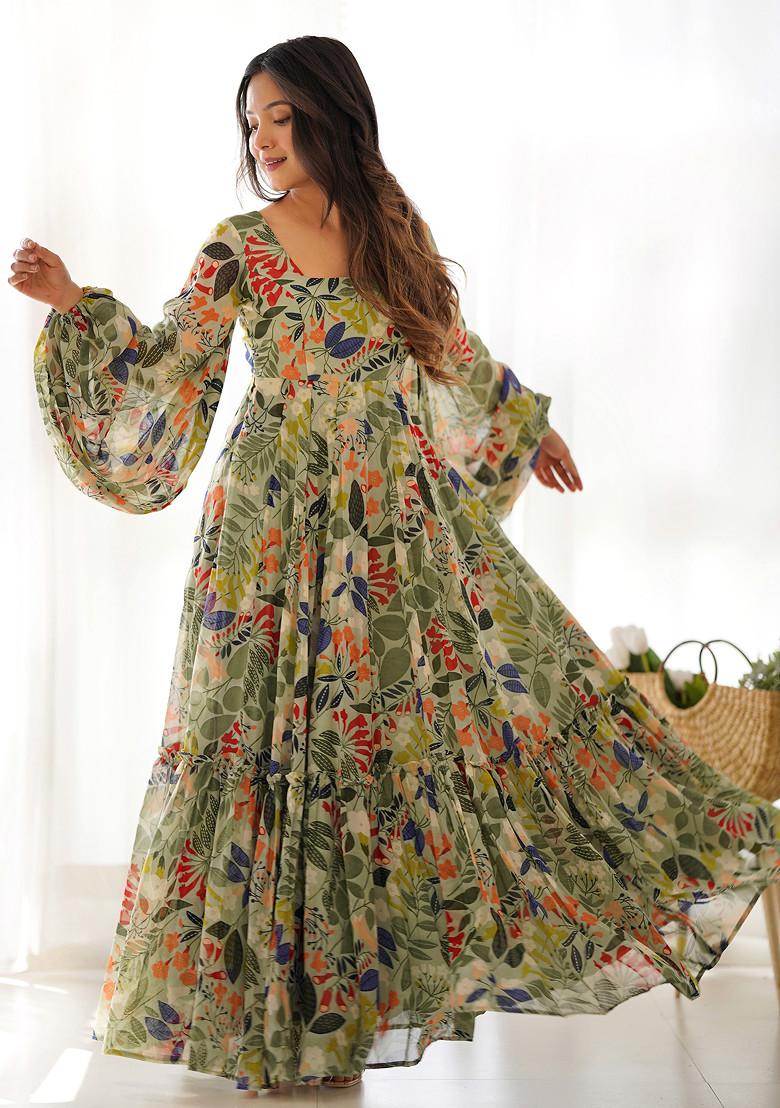 Sea Green Printed Faux Georgette Gown