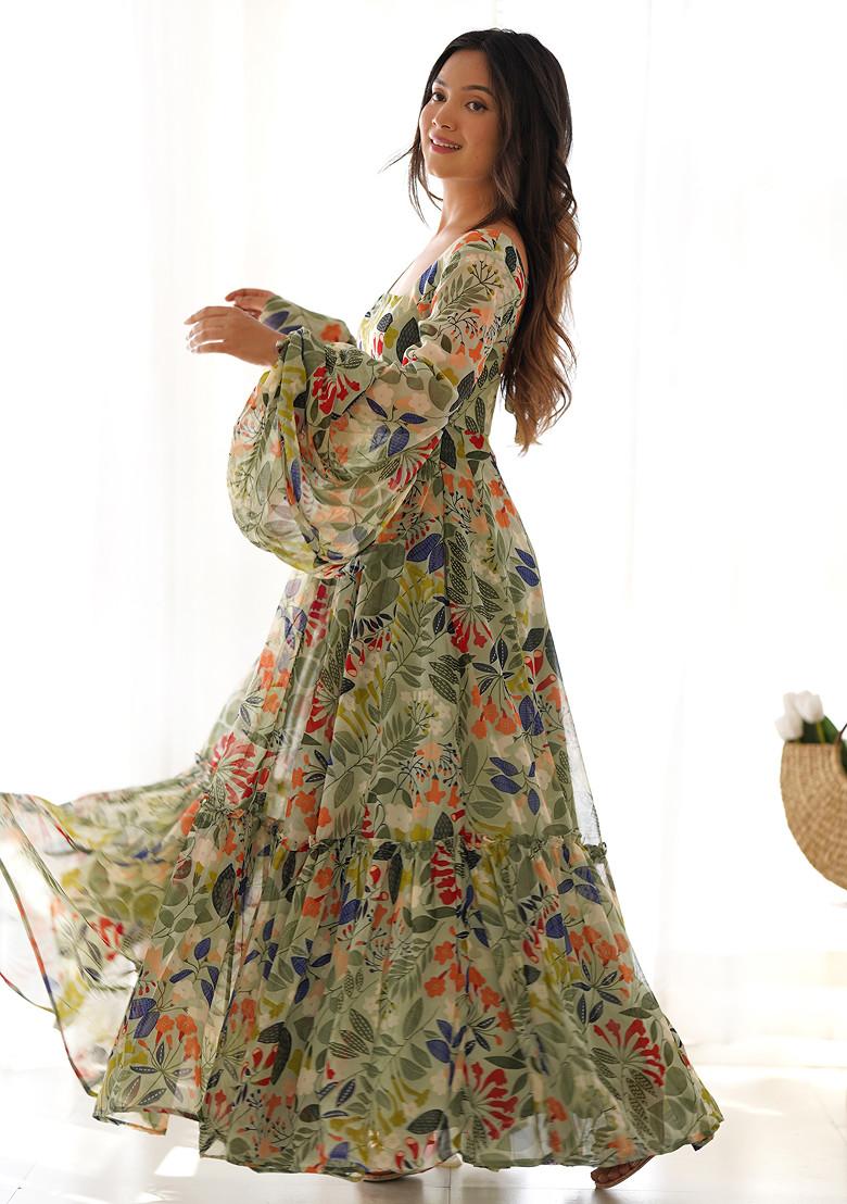 Sea Green Printed Faux Georgette Gown