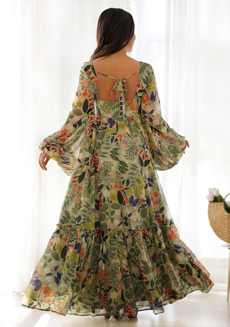 Sea Green Printed Faux Georgette Gown