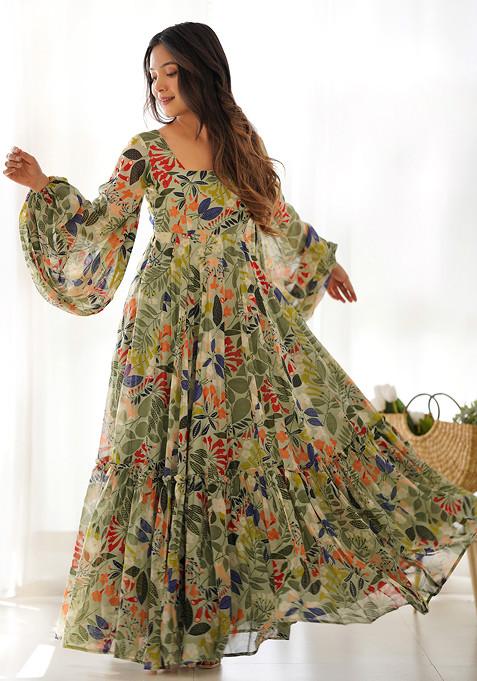 Sea Green Printed Faux Georgette Gown