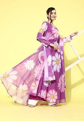 Purple Floral Print Organza Kurta With Dupatta
