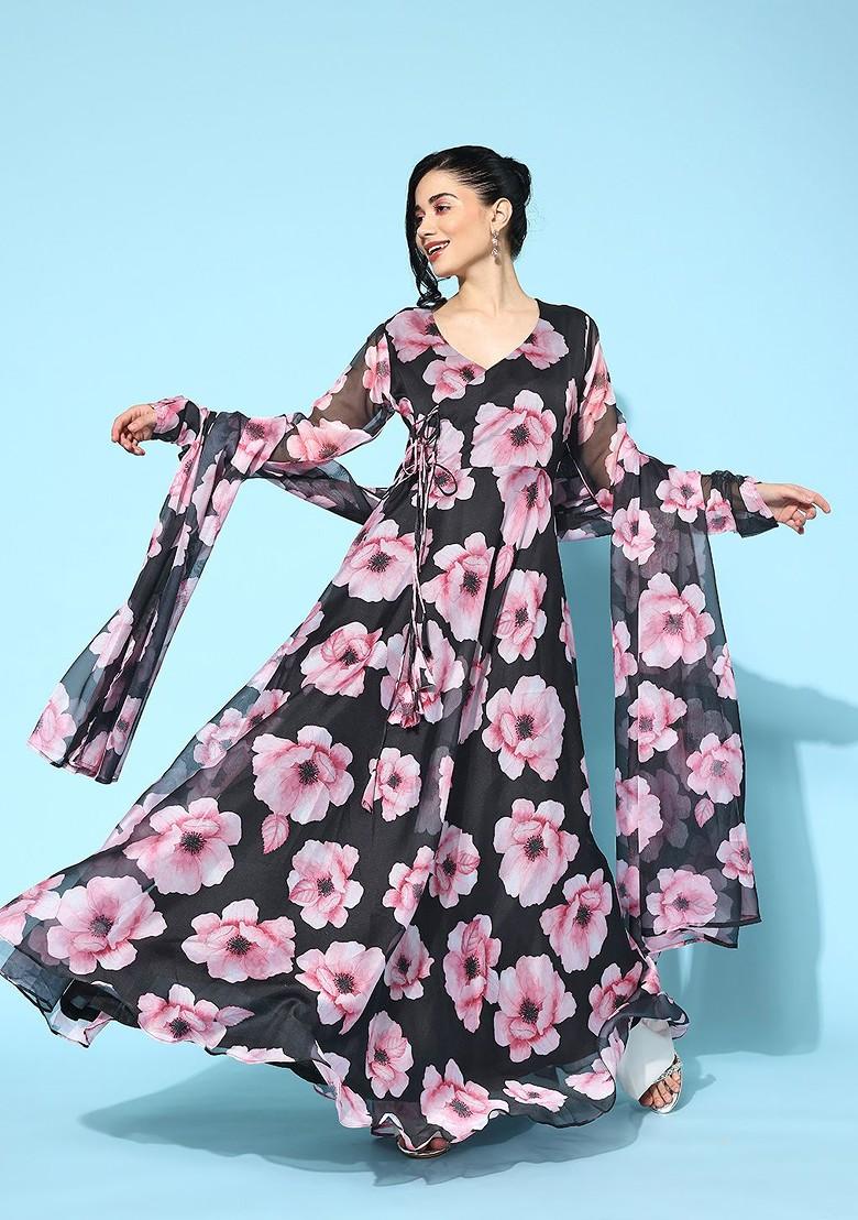 Black Floral Print Organza Kurta With Dupatta - Indya