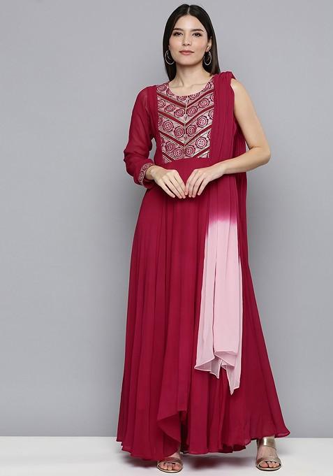 Red Embroidered Georgette Kurta With Attached Dupatta