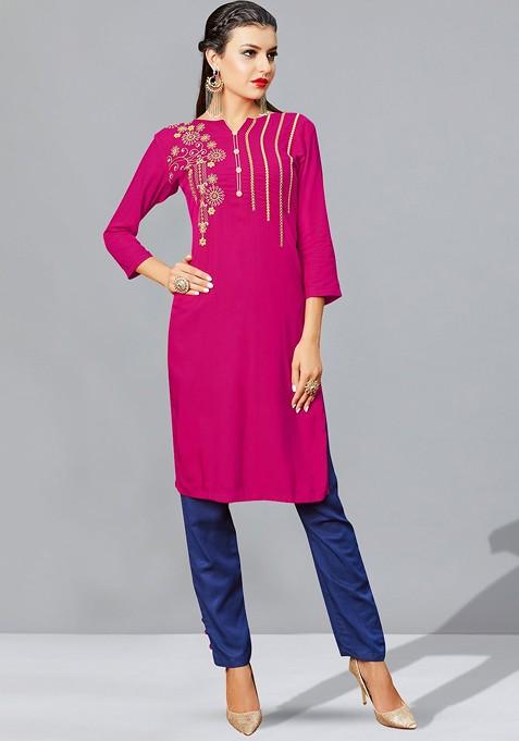 Pink Notched Neck Ethnic Motifs Embroidered Straight Kurta