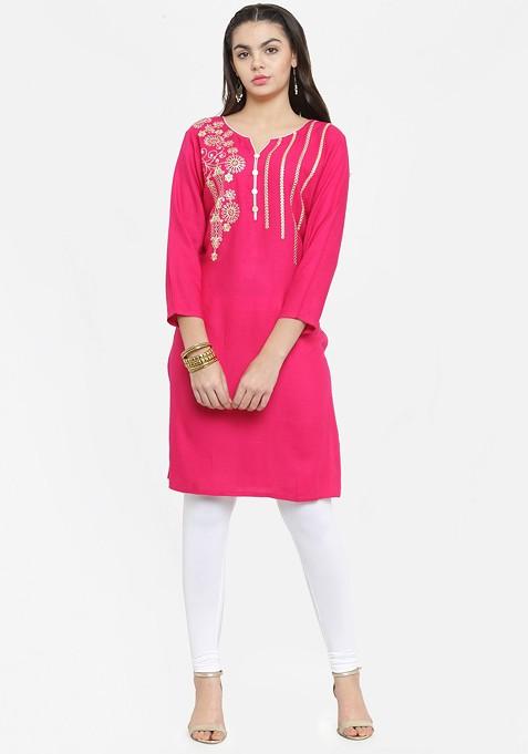 Pink Embroidered Straight Kurta