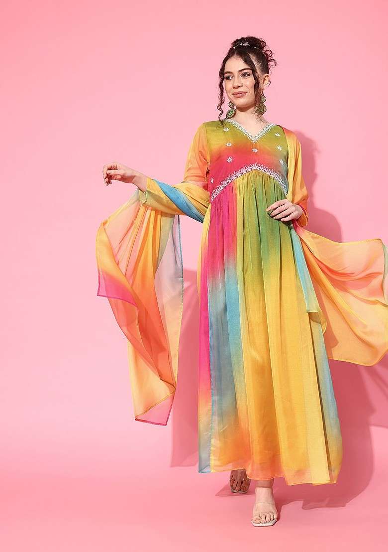 Multicolour Tie And Dye Blended Anarkali - Indya