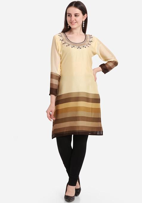 Beige And Brown Striped Embroidered Straight Kurta