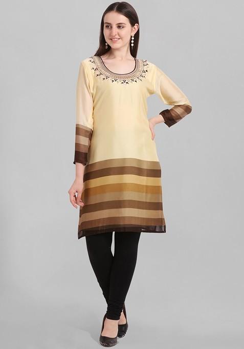 Beige Striped Thread Work Georgette Kurta