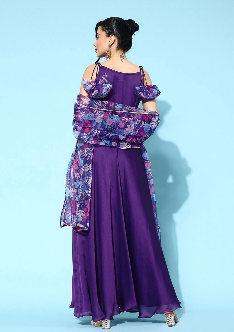 Purple Floral Print Anarkali Shaped Kurta