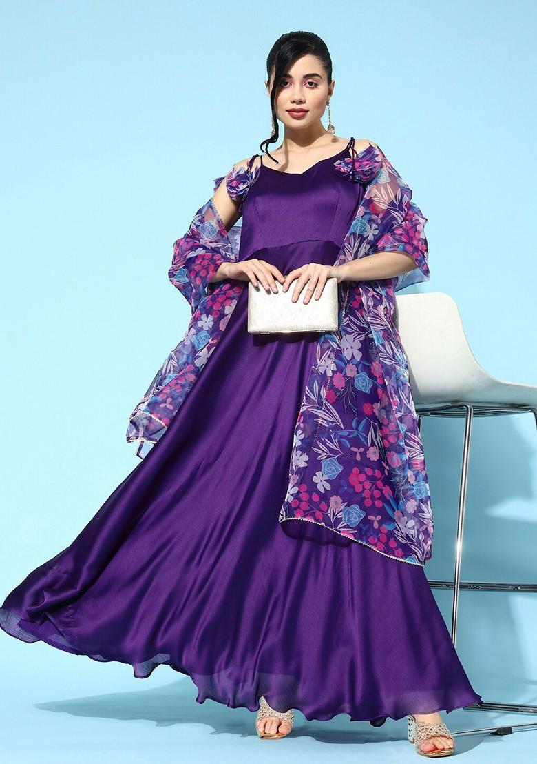 Purple Floral Print Anarkali Shaped Kurta