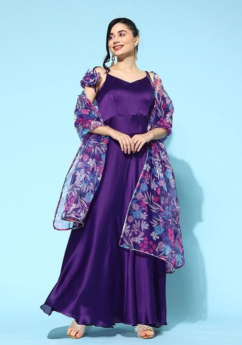 Purple Floral Print Anarkali Shaped A Line Kurta