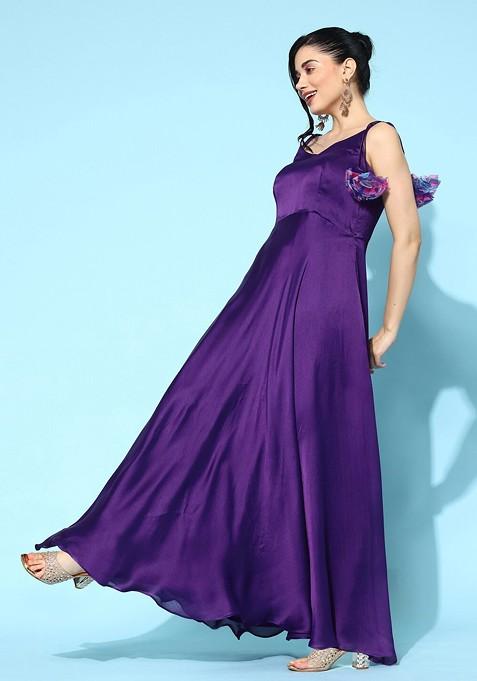 Purple Floral Print Anarkali Shaped Kurta