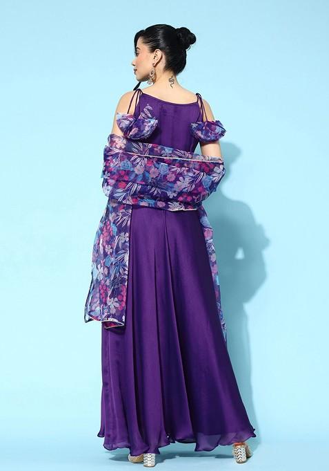 Purple Floral Print Anarkali Shaped Kurta