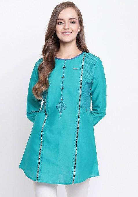 Sea Green Embroidered A Line Kurta