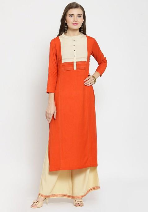 Peach Embroidered Straight Kurta