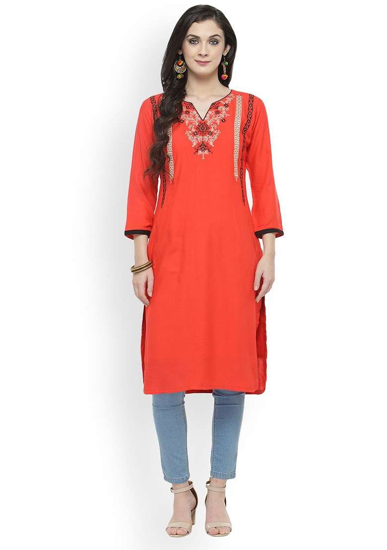 Coral Embroidered Blended Kurta - Indya