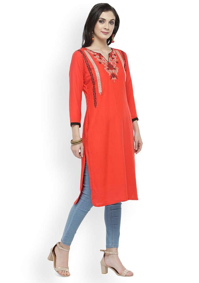 Coral Embroidered Blended Kurta - Indya