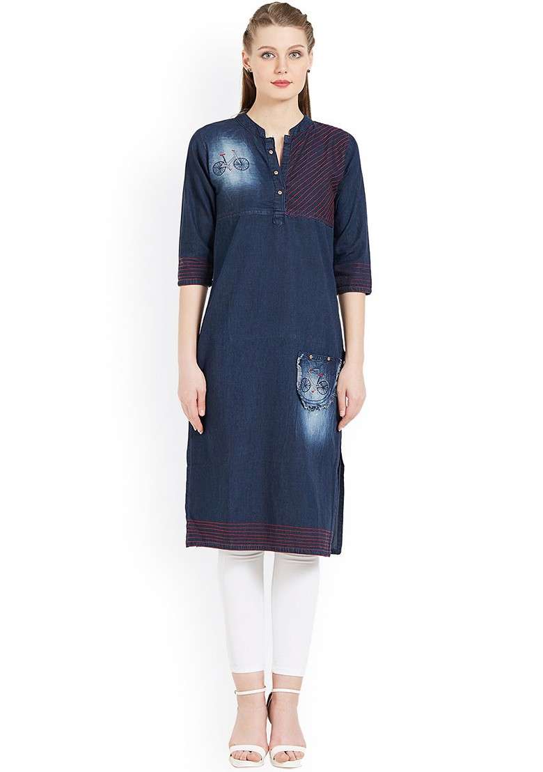 Blue Embroidered Blended Kurta - Indya