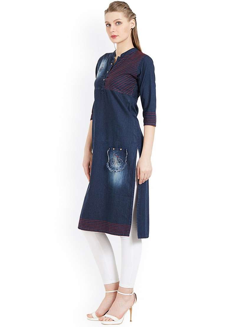 Blue Embroidered Blended Kurta - Indya