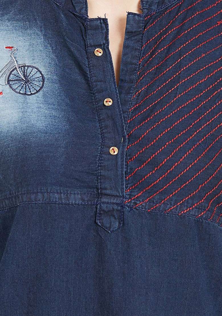 Blue Embroidered Blended Kurta - Indya