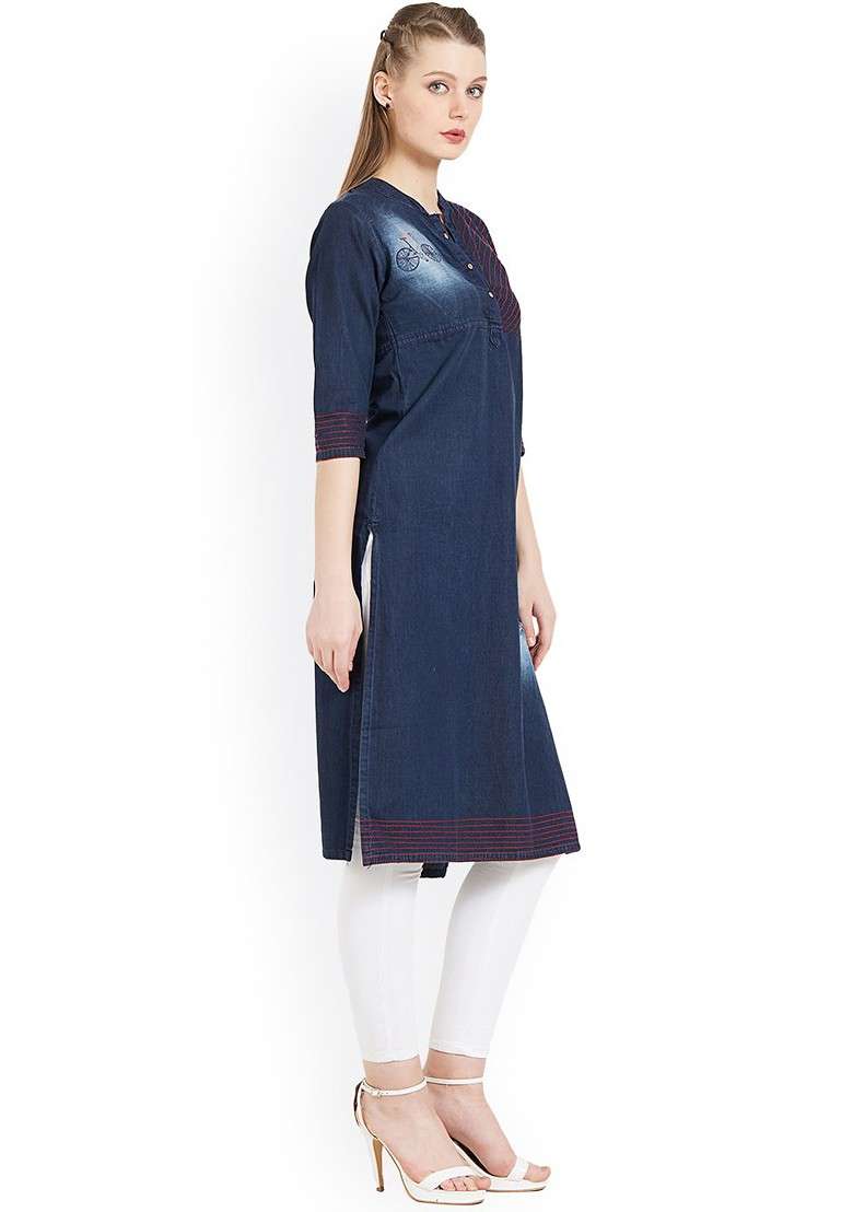 Blue Embroidered Blended Kurta - Indya