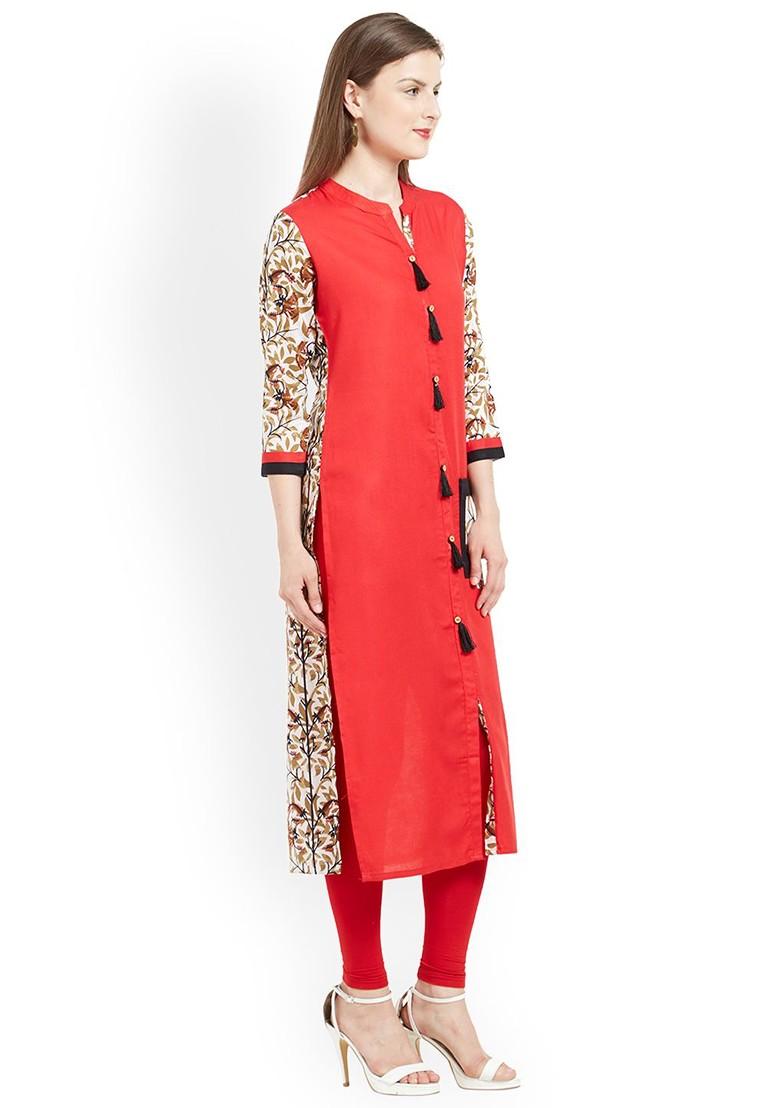 Red And Off White Printed A Line Kurta