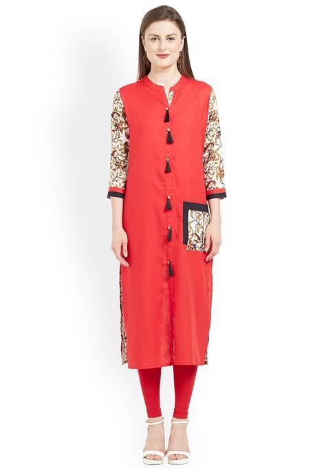 Red And Off White Printed A Line Kurta