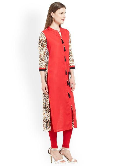 Red And Off White Printed A Line Kurta