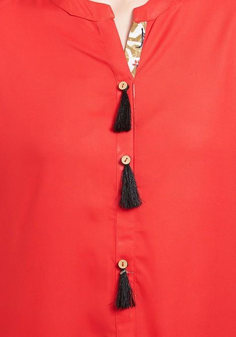 Red And Off White Printed A Line Kurta