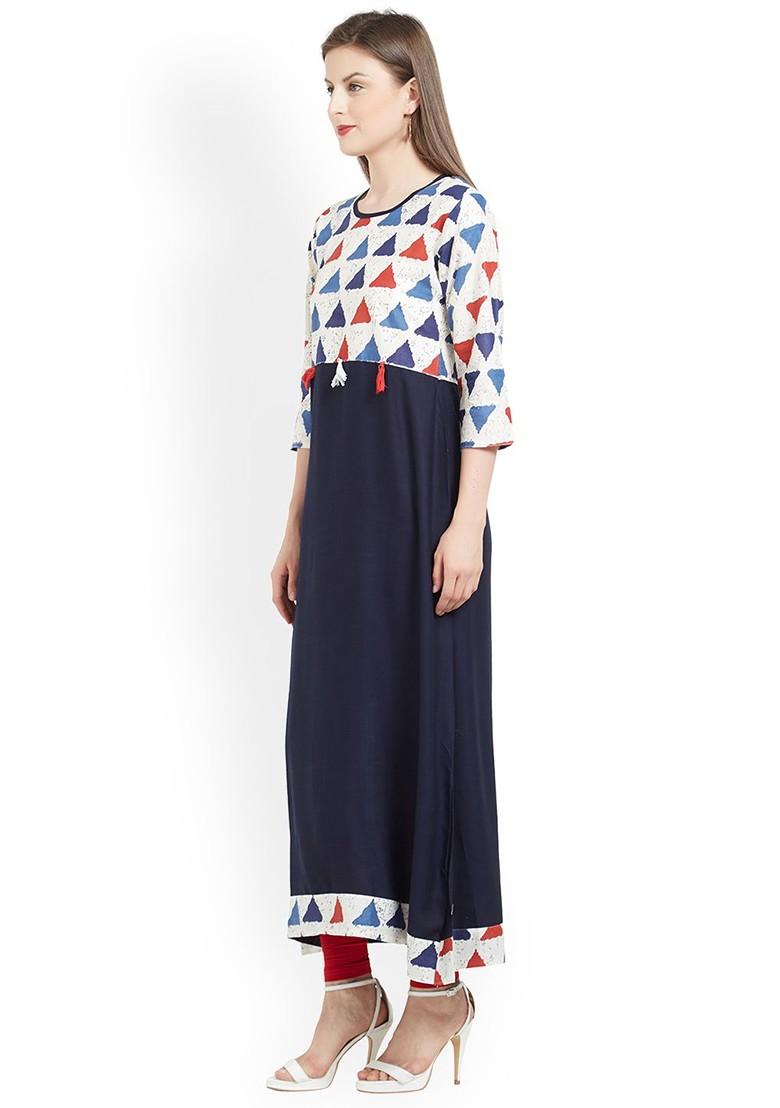 Navy Blue And Off White Printed A Line Kurta