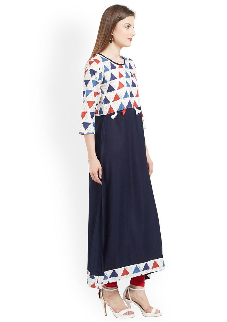 Navy Blue And Off White Printed A Line Kurta