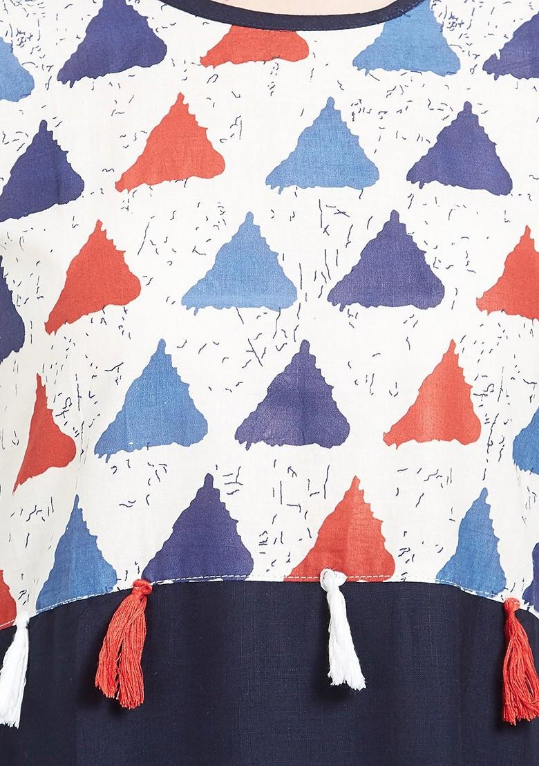 Navy Blue And Off White Printed A Line Kurta