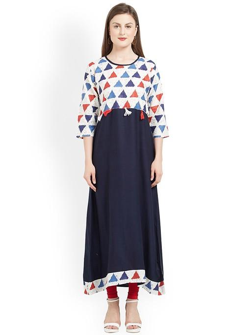 Navy Blue And Off White Printed A Line Kurta