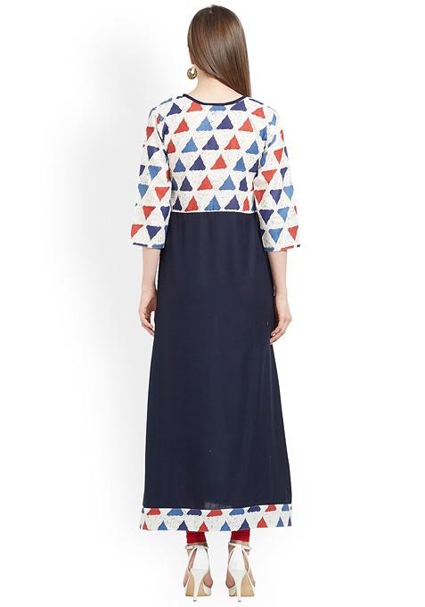 Navy Blue And Off White Printed A Line Kurta