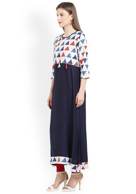 Navy Blue And Off White Printed A Line Kurta