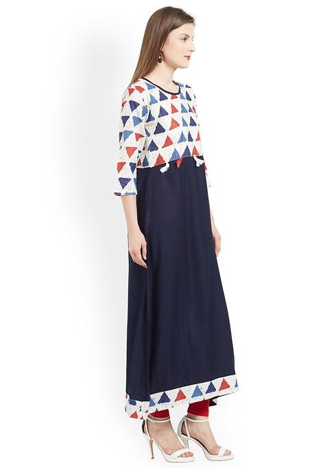 Navy Blue And Off White Printed A Line Kurta