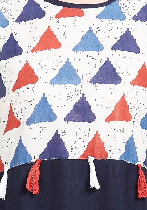 Navy Blue And Off White Printed A Line Kurta