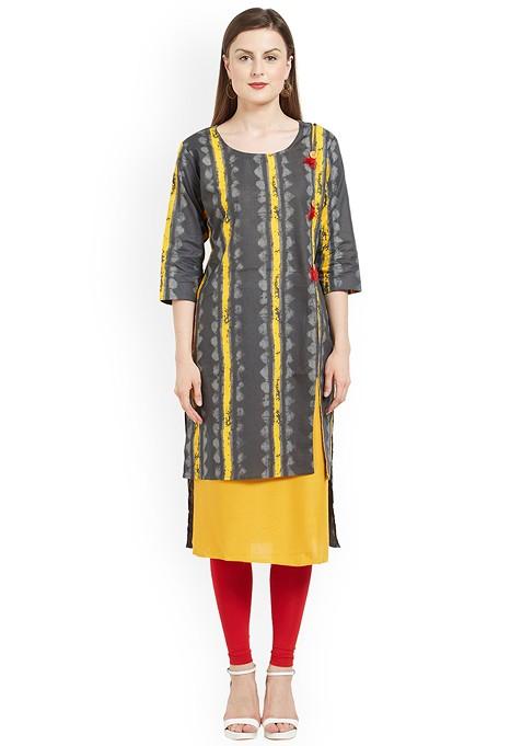 Grey And Yellow Printed Straight Kurta