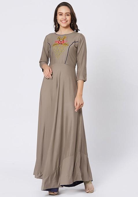 Taupe Embroidered A Line Kurta