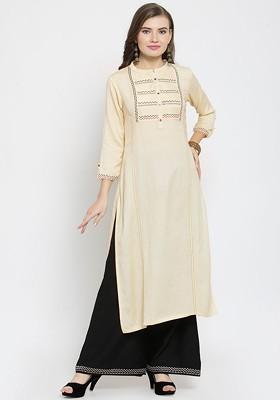 Cream Embroidered Straight Kurta
