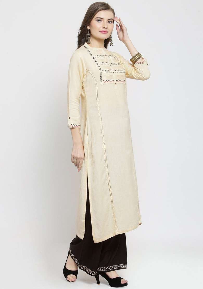 Cream Embroidered Blended Straight Kurta Set - Indya