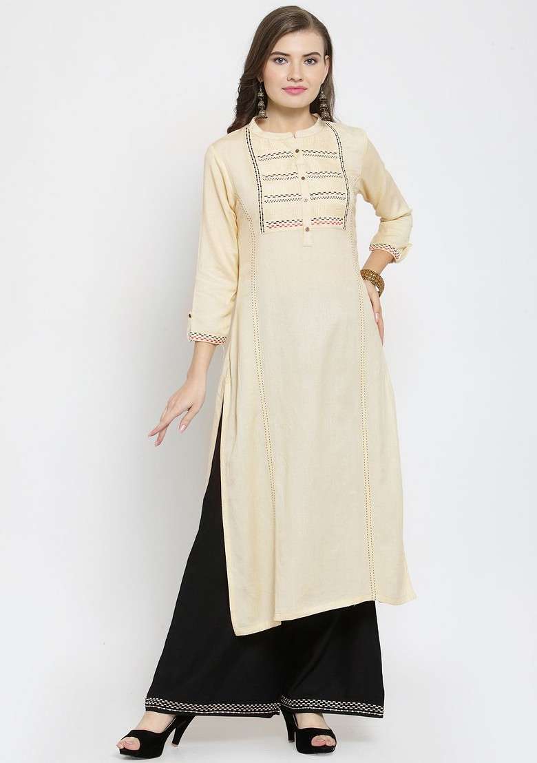 Cream Embroidered Blended Straight Kurta Set - Indya