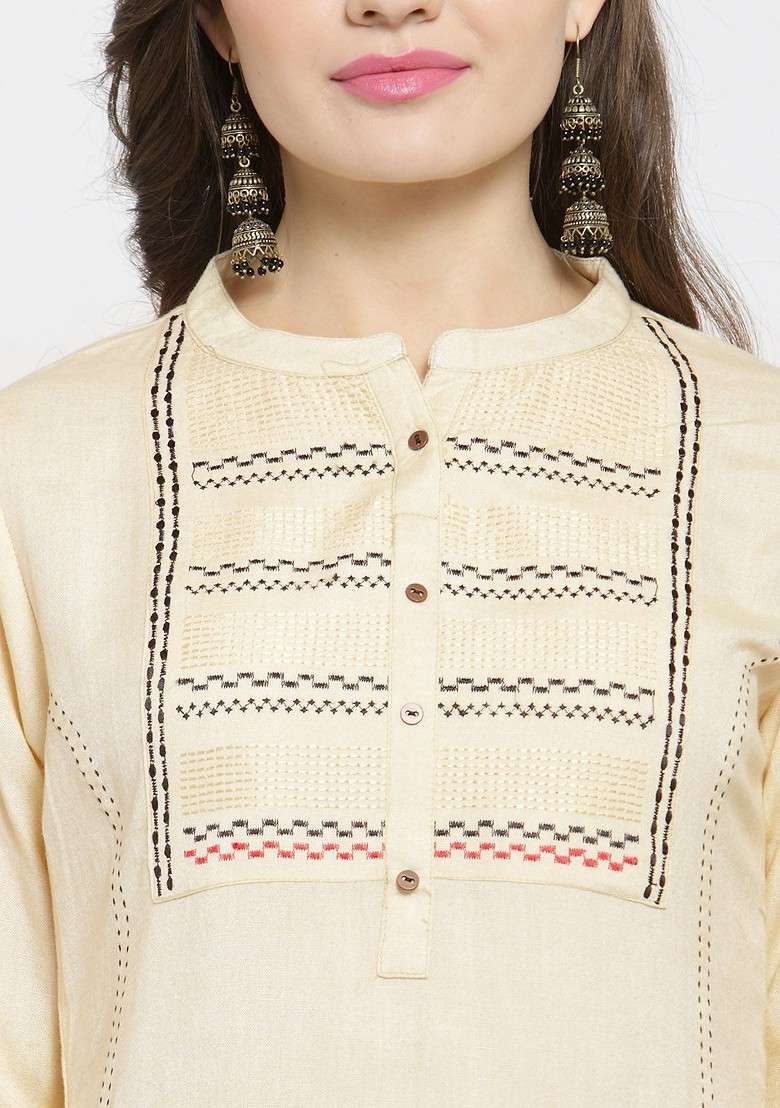 Cream Embroidered Blended Straight Kurta Set - Indya