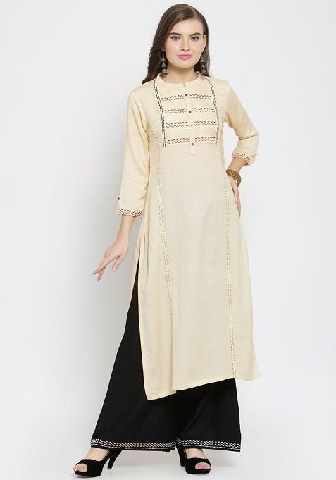 Cream Embroidered Straight Kurta