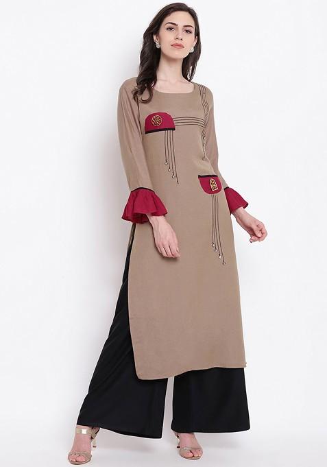 Brown Solid Straight Kurta