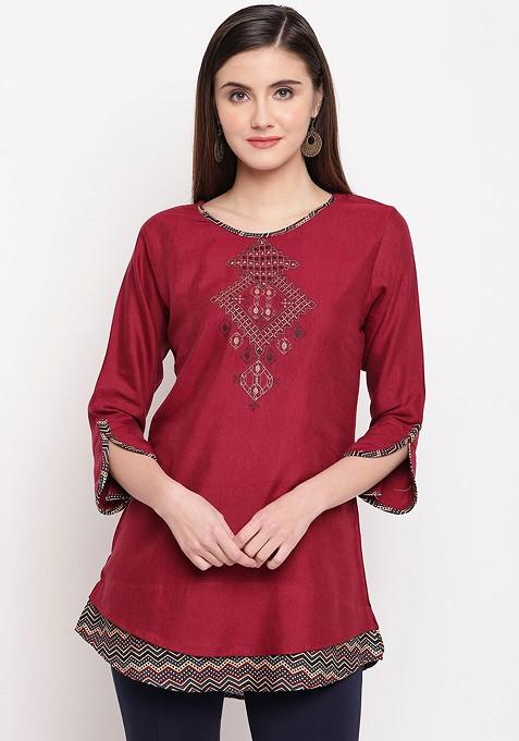 Maroon Embroidered A Line Kurta