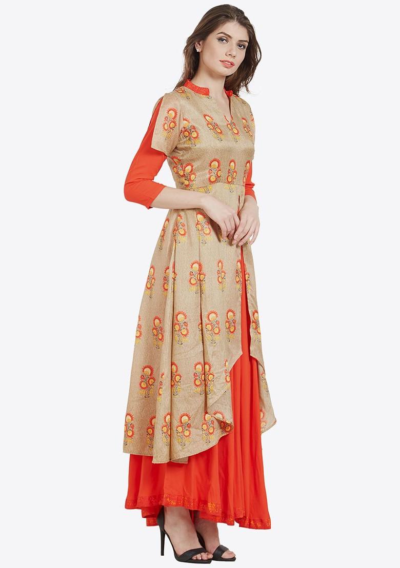 Beige Printed A Line Kurta