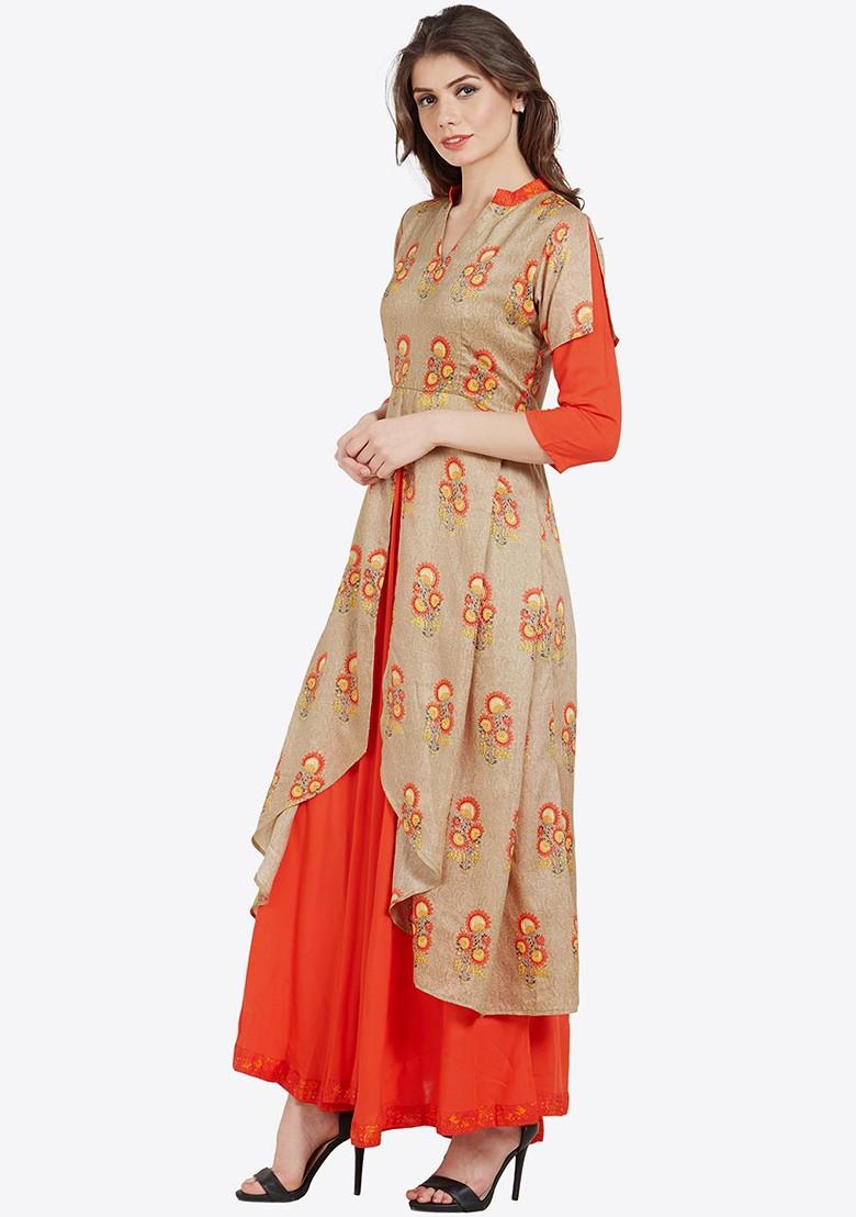 Beige Printed A Line Kurta